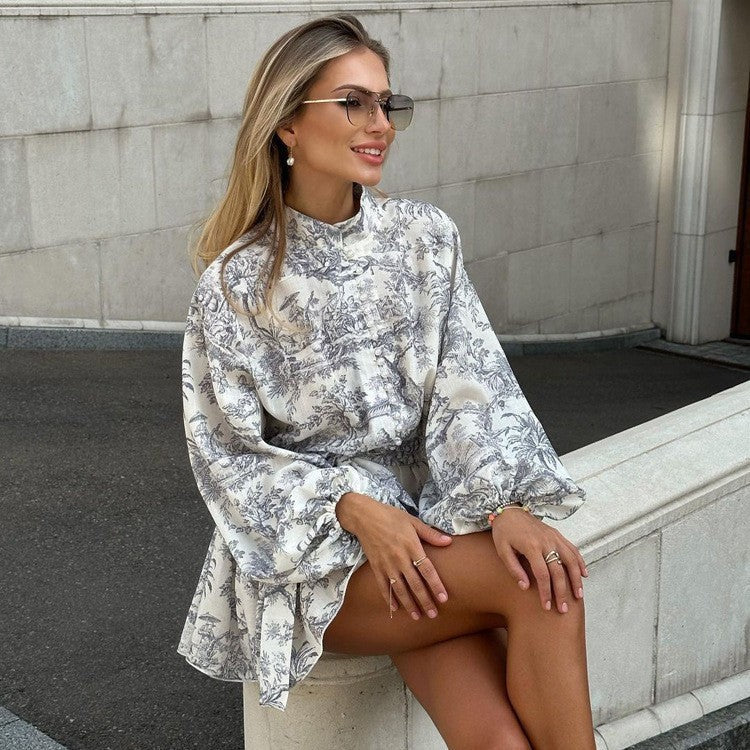 Aquarelle Tie-Neck Puff Sleeve Mini