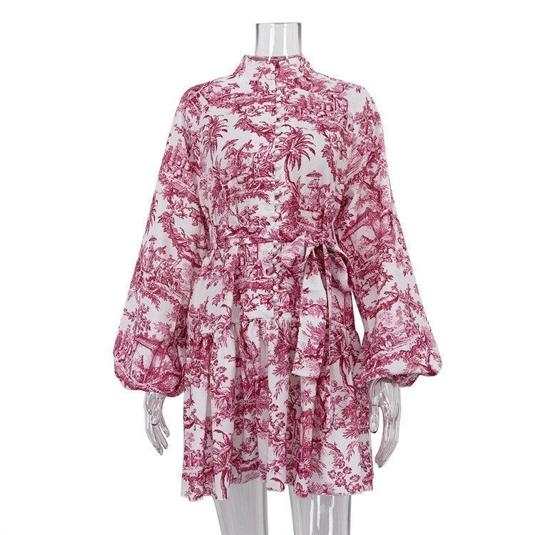 Aquarelle Tie-Neck Puff Sleeve Mini