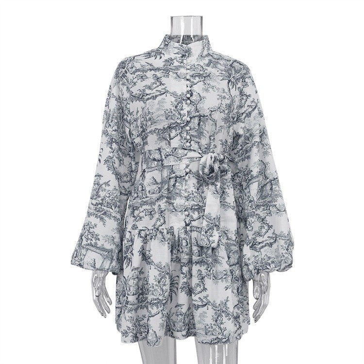 Aquarelle Tie-Neck Puff Sleeve Mini