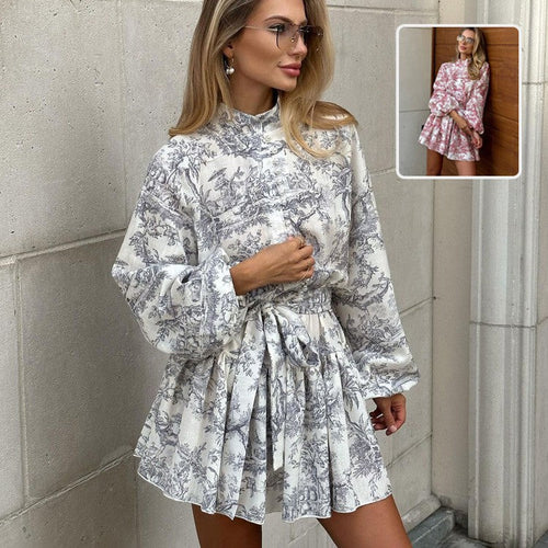 Aquarelle Tie-Neck Puff Sleeve Mini